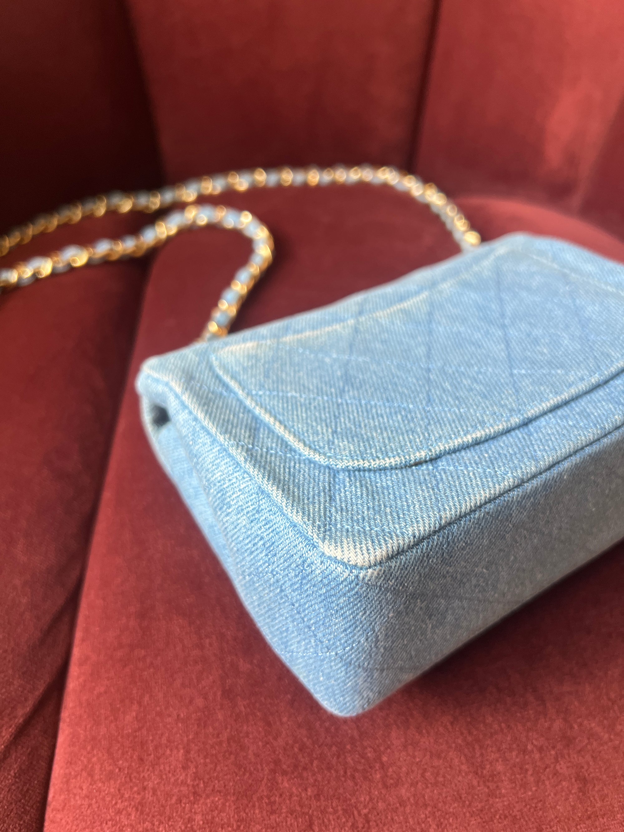 Chanel Vintage Mini Square Flap In Light Blue Denim (1991)