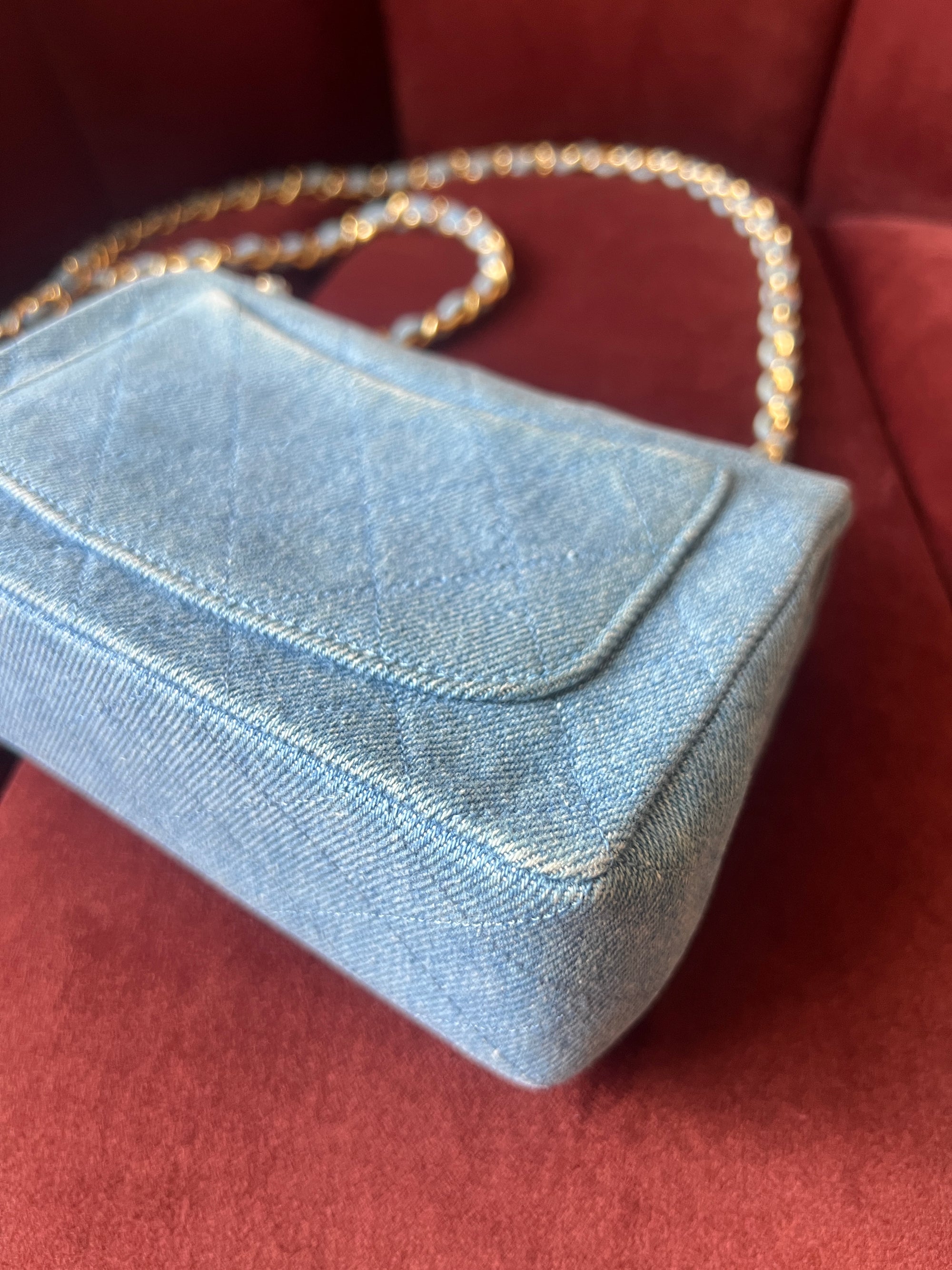 Chanel Vintage Mini Square Flap In Light Blue Denim (1991)