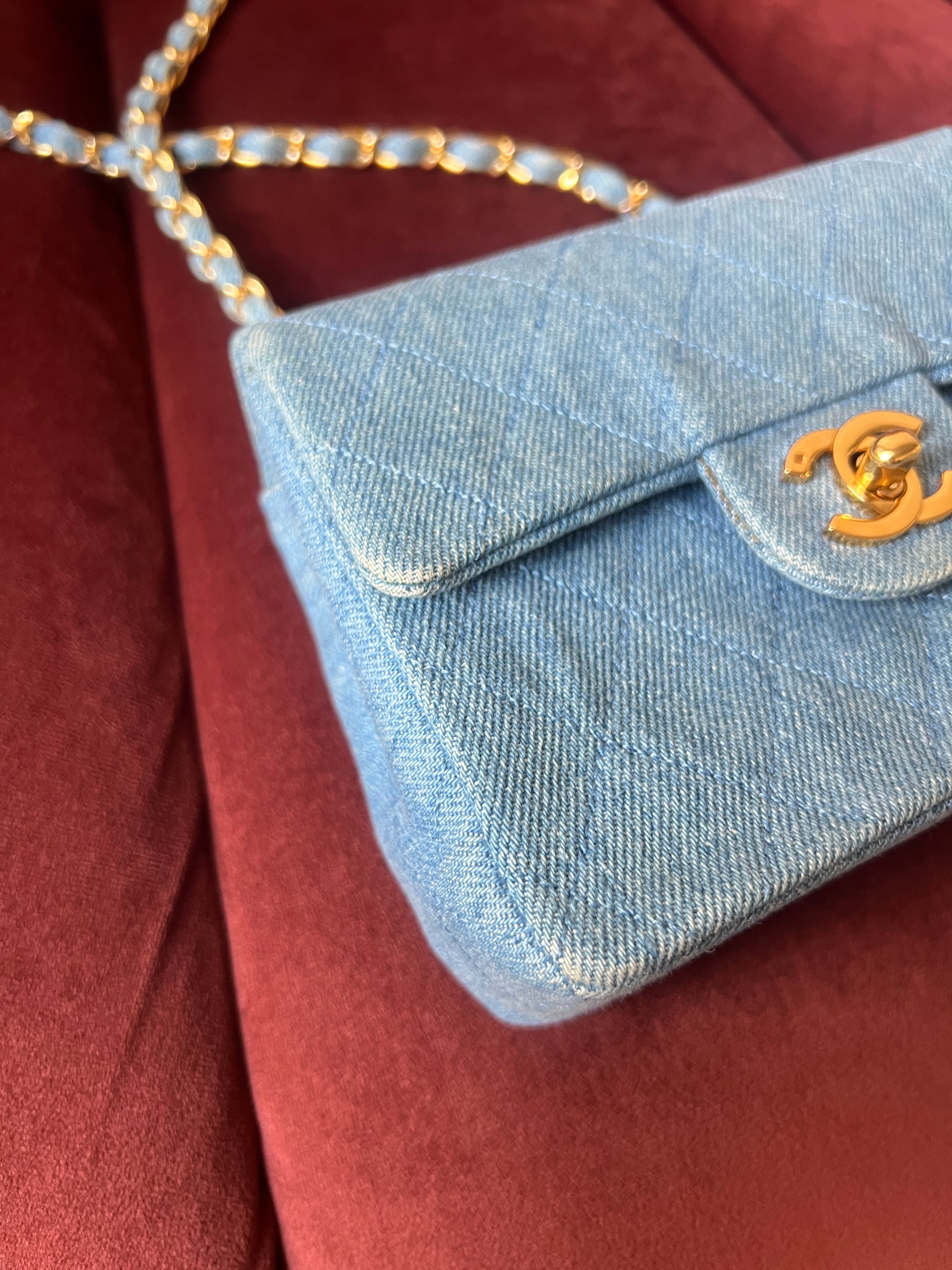 Chanel Vintage Mini Square Flap In Light Blue Denim (1991)