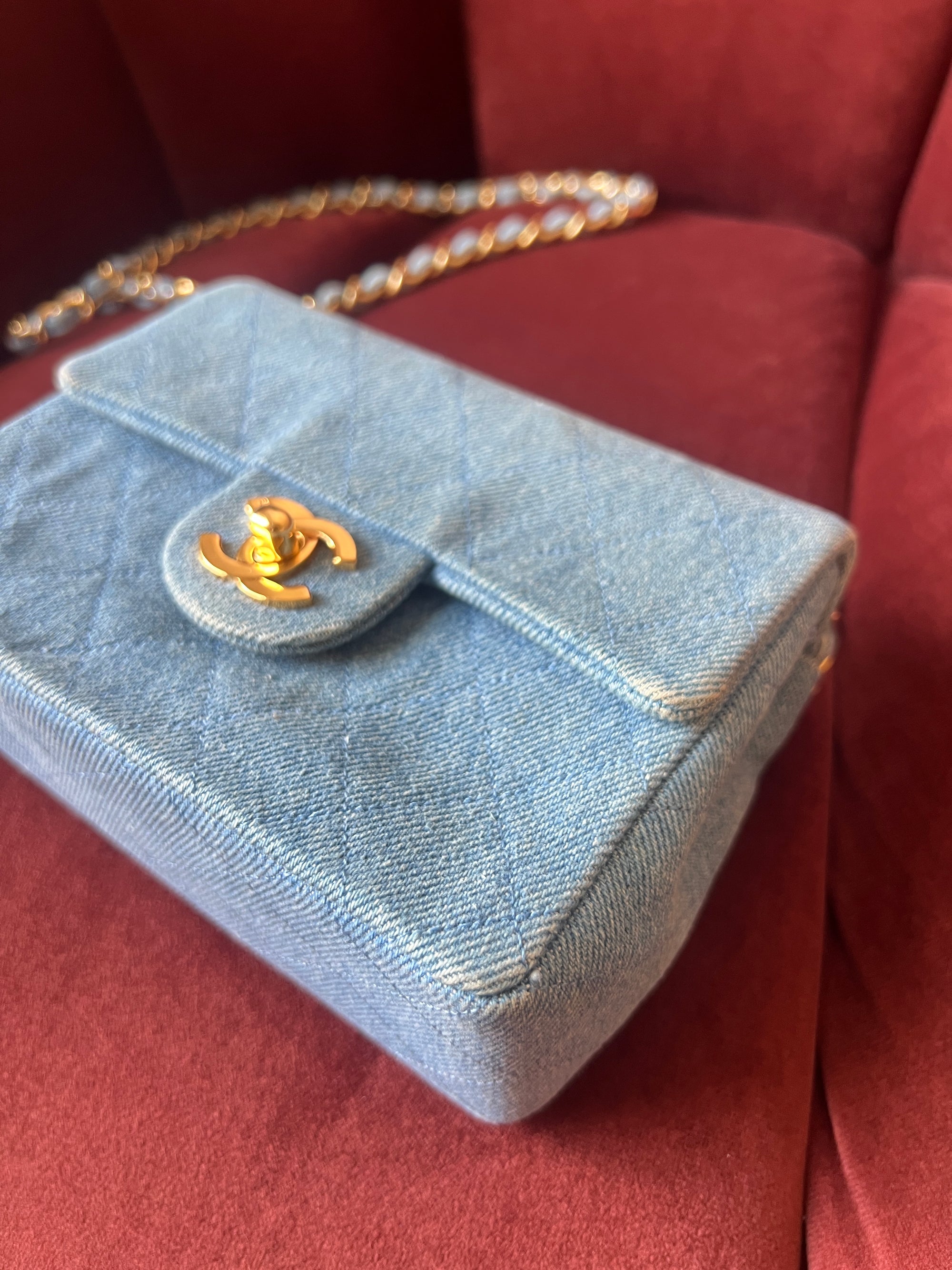 Chanel Vintage Mini Square Flap In Light Blue Denim (1991)