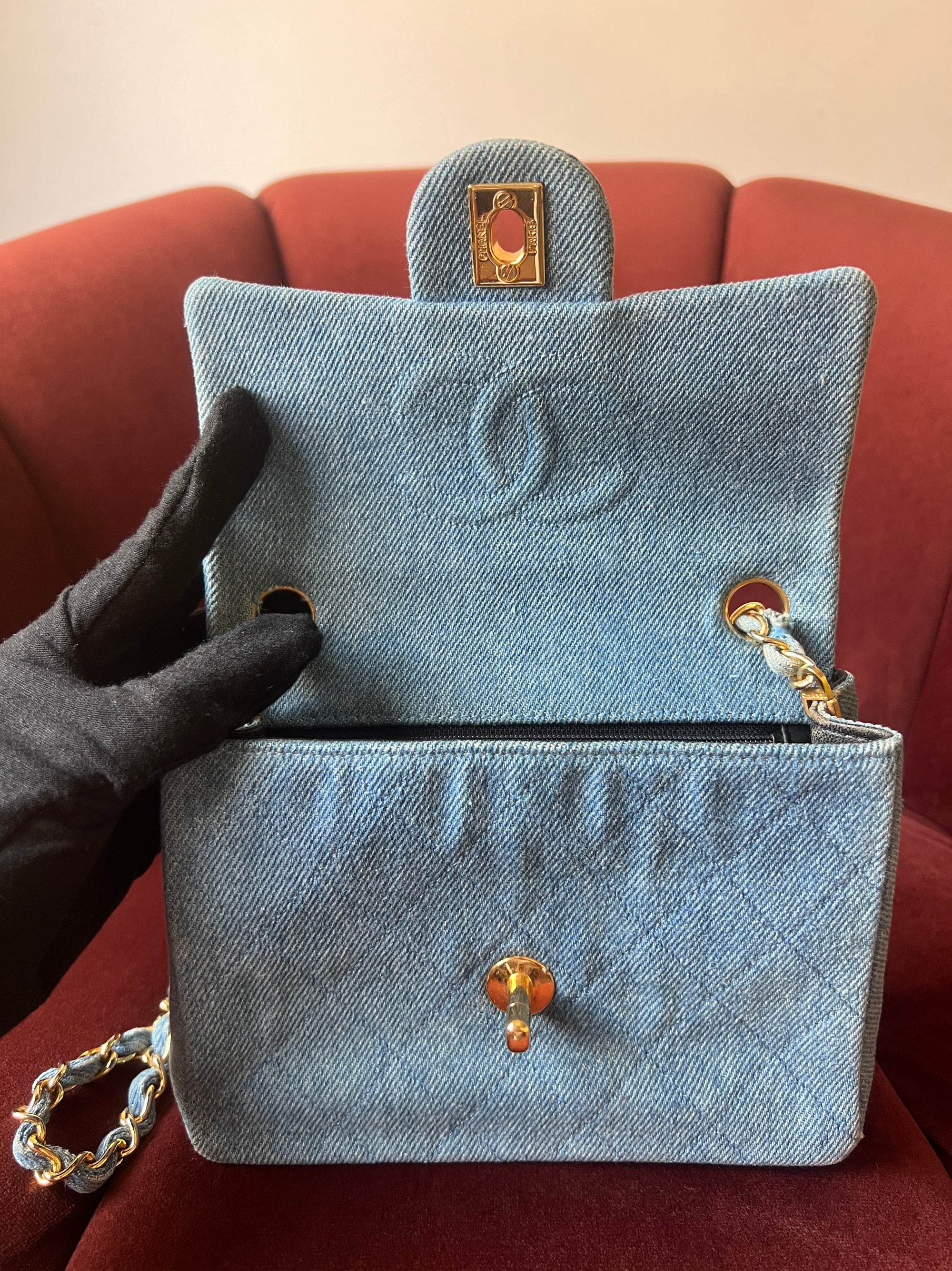 Chanel Vintage Mini Square Flap In Light Blue Denim (1991)