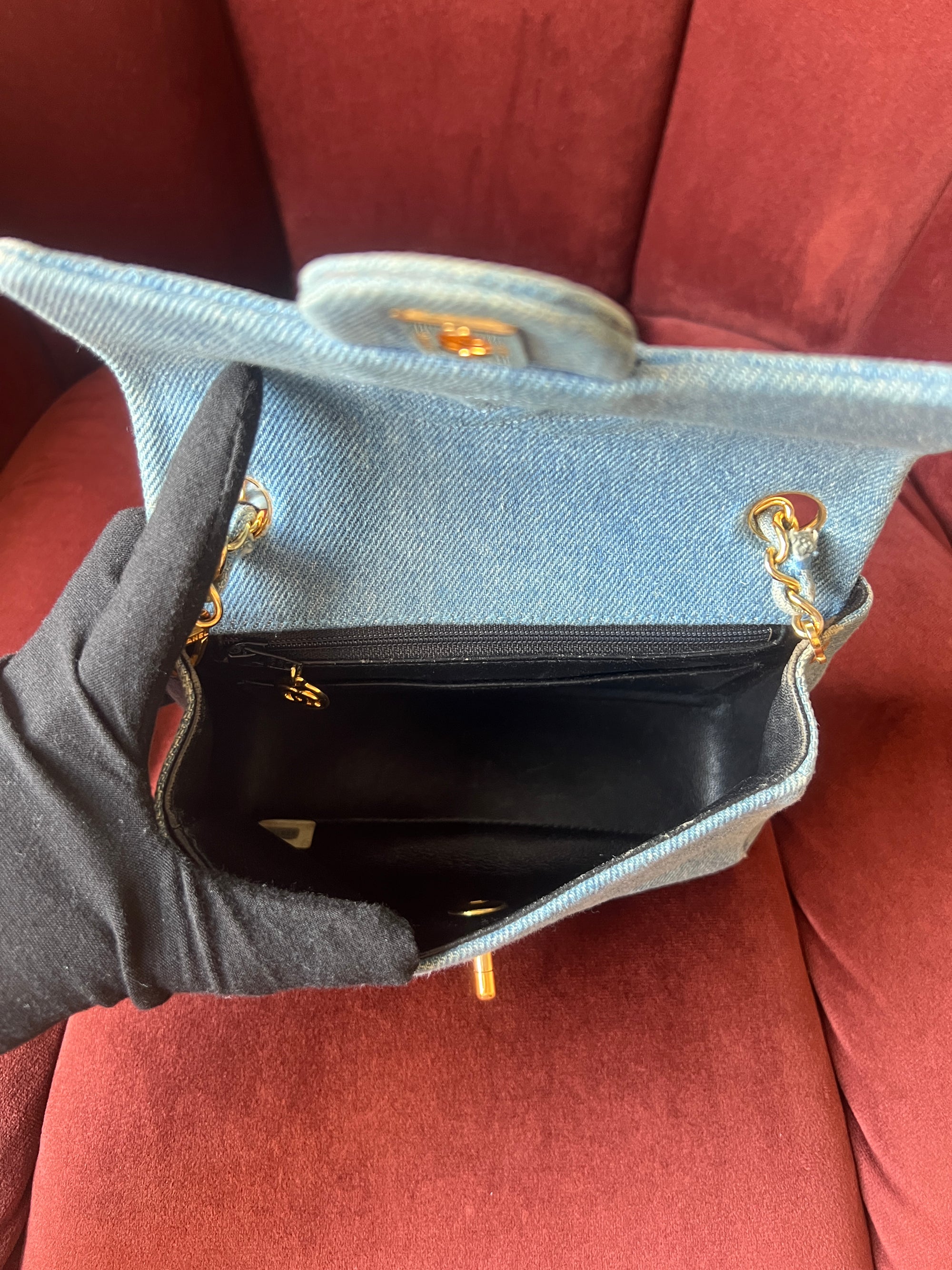 Chanel Vintage Mini Square Flap In Light Blue Denim (1991)