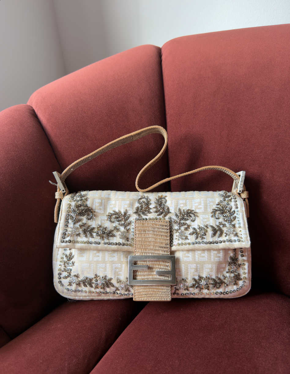 Fendi Vintage Embroidered Floral Sequin Zucca Baguette