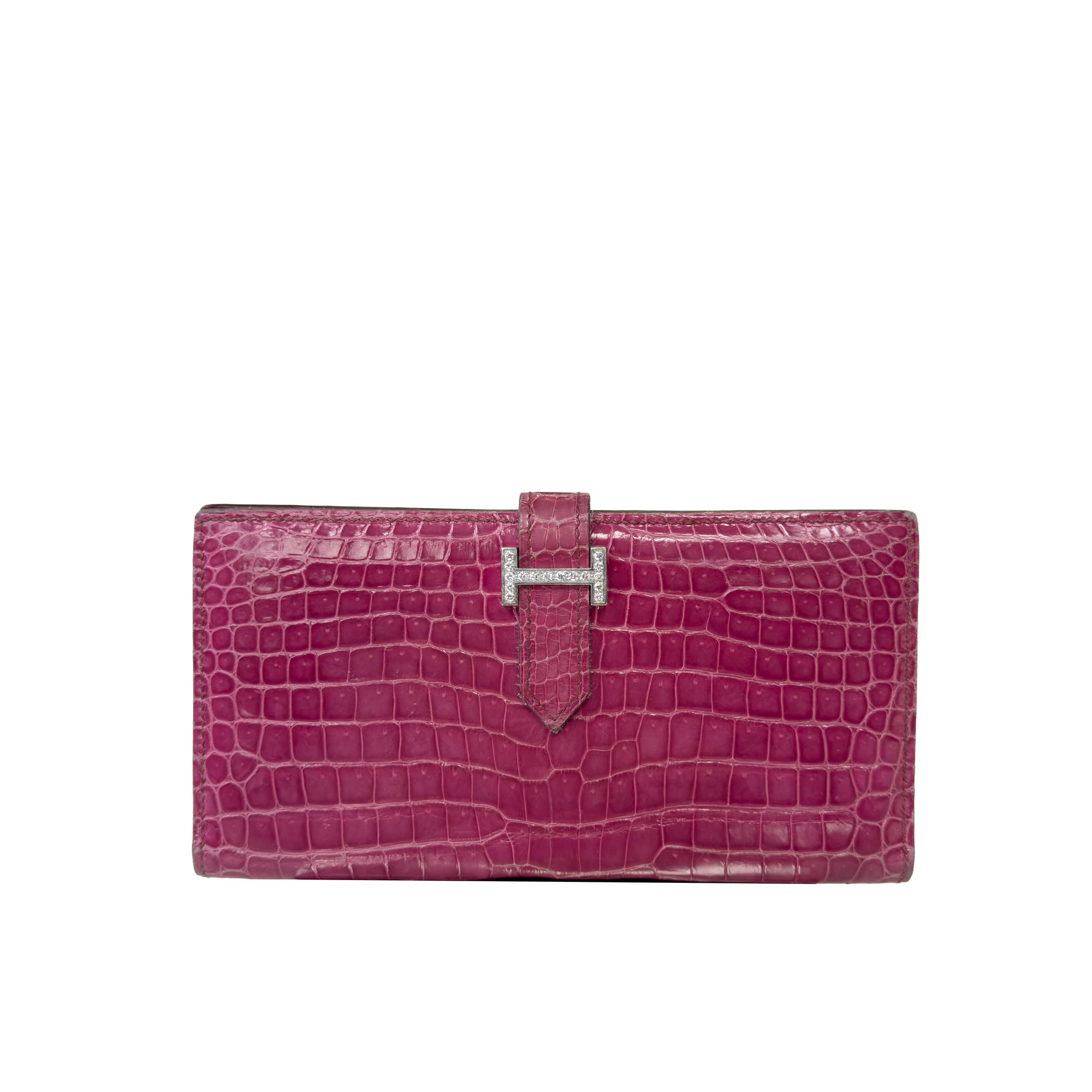 Hermès 18k White Gold &amp; Diamonds Bearn Wallet In Shiny Porosus Crocodile