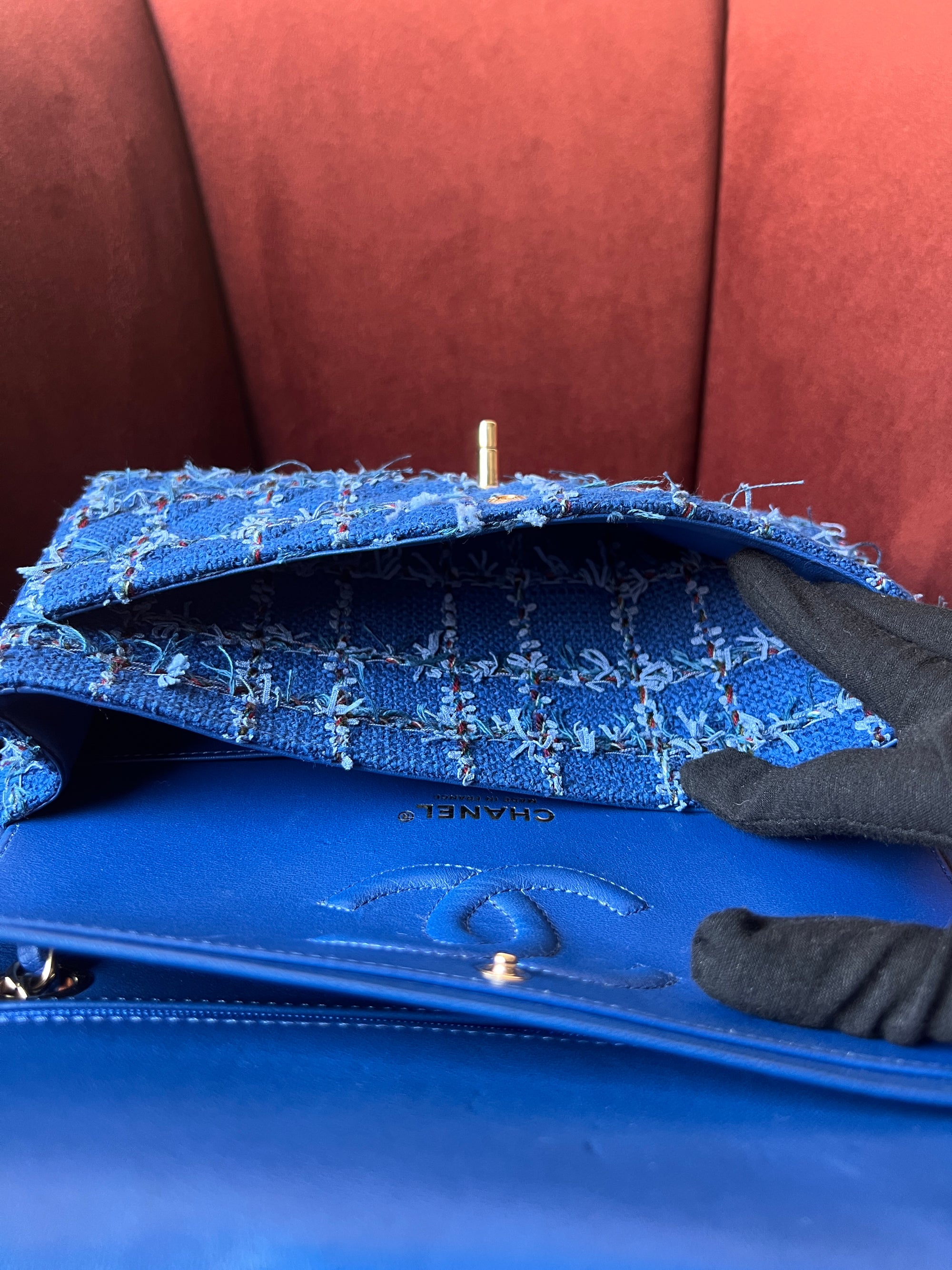 Chanel Classic Medium Double Flap In Blue Quilted Tweed (2023)