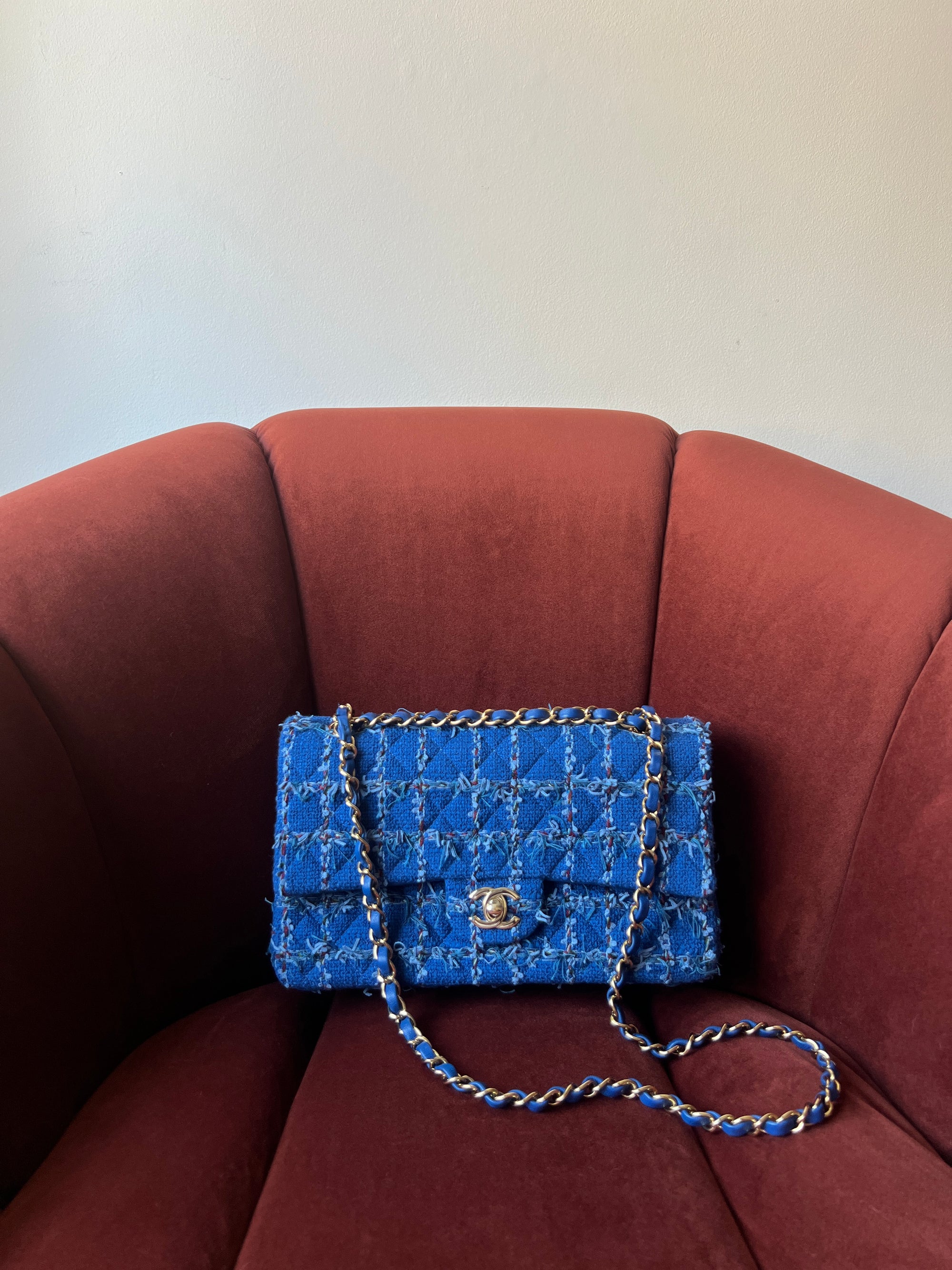 Chanel Classic Medium Double Flap In Blue Quilted Tweed (2023)