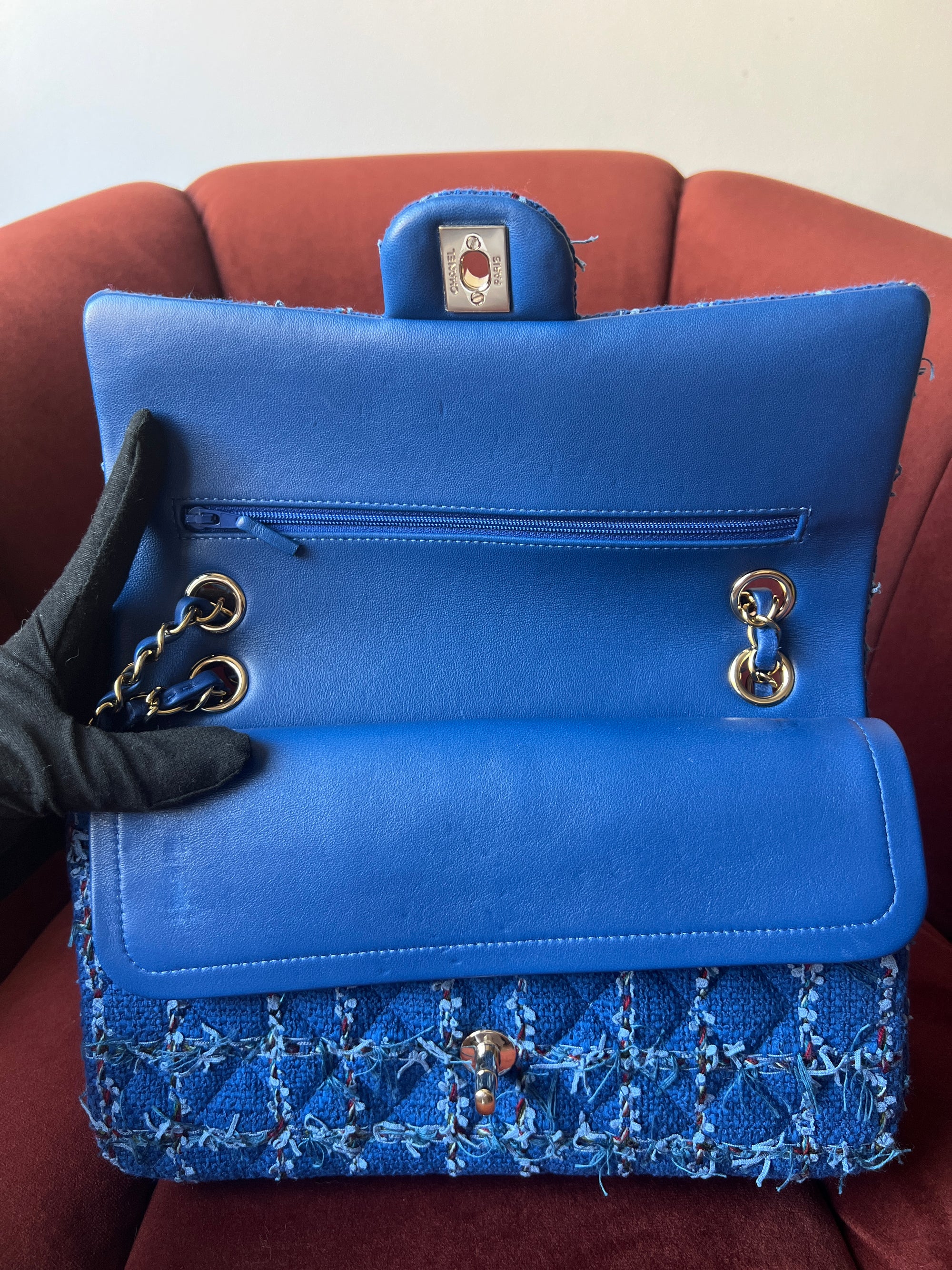 Chanel Classic Medium Double Flap In Blue Quilted Tweed (2023)