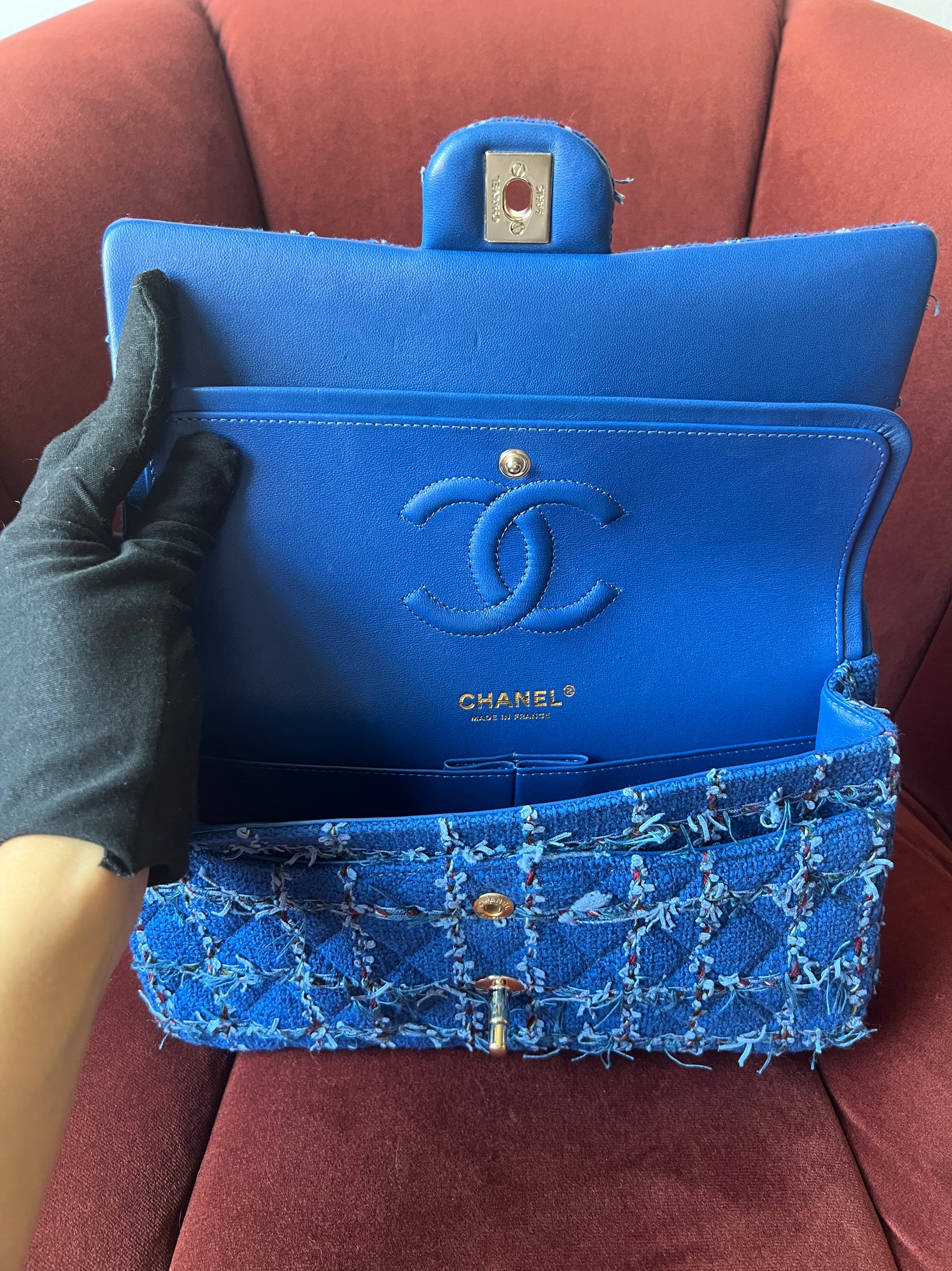 Chanel Classic Medium Double Flap In Blue Quilted Tweed (2023)