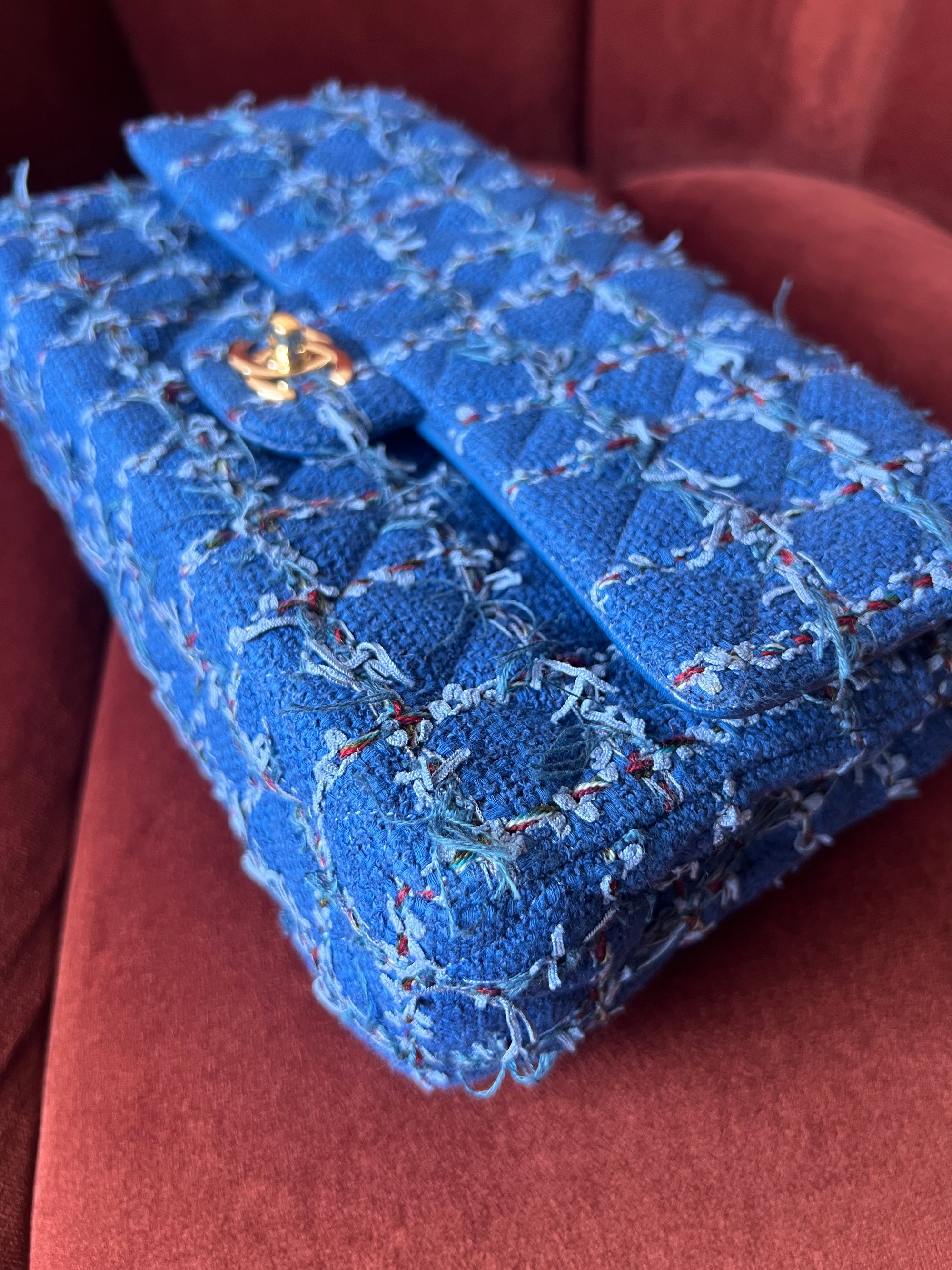 Chanel Classic Medium Double Flap In Blue Quilted Tweed (2023)