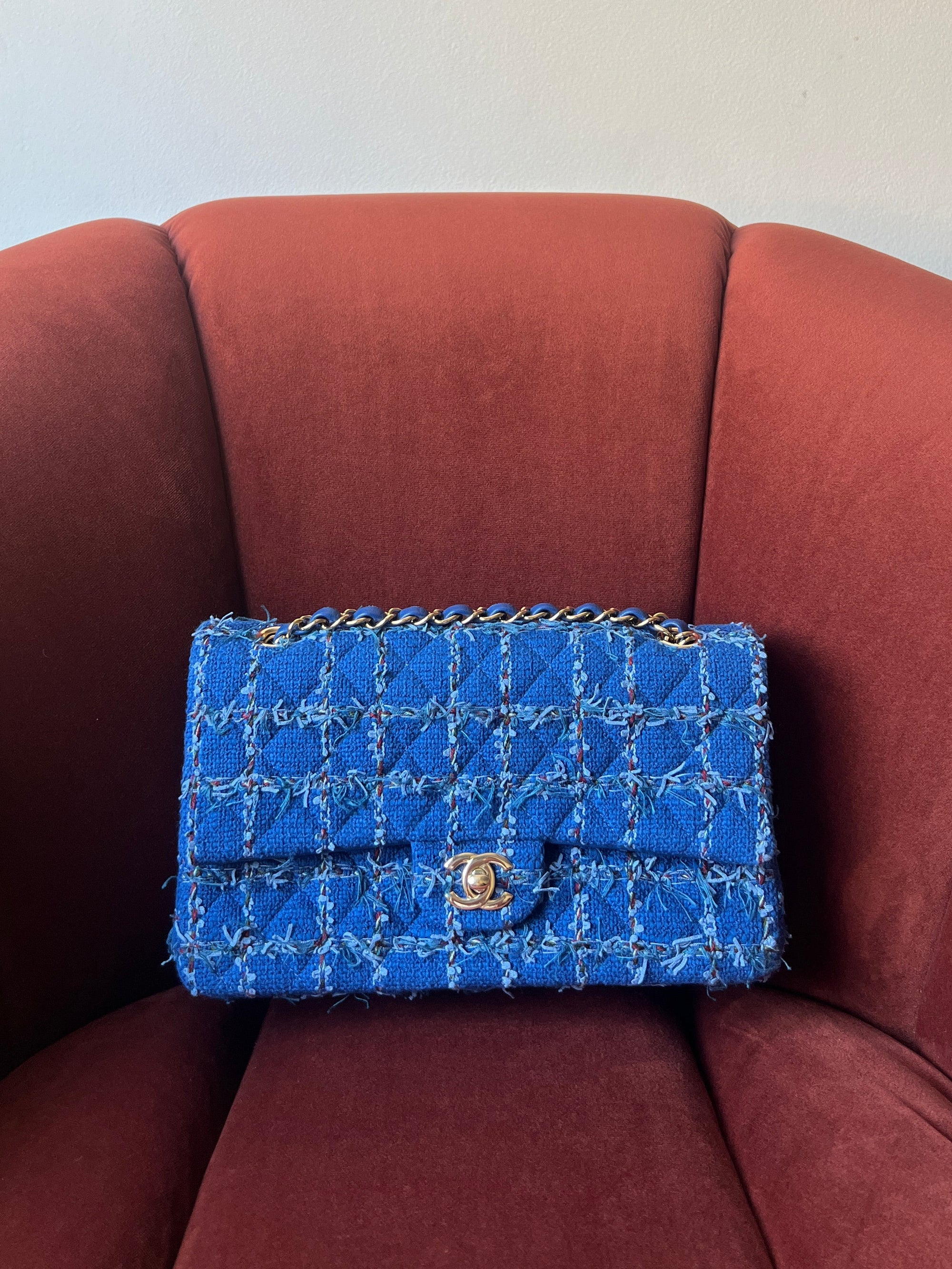 Chanel Classic Medium Double Flap In Blue Quilted Tweed (2023)